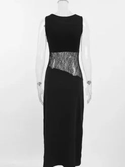 Party Dresses Black White Waist Lace Cutout Sleeveless Bodycon Midi Evening Dress