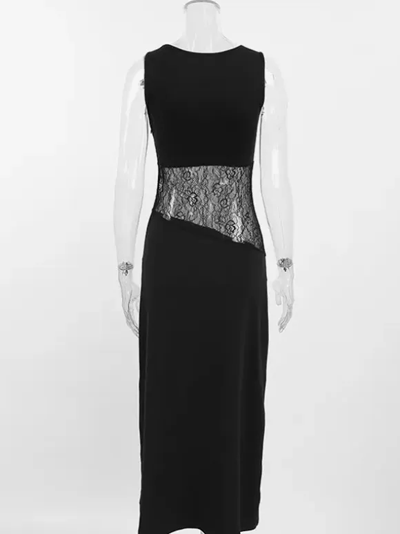 Party Dresses Black White Waist Lace Cutout Sleeveless Bodycon Midi Evening Dress