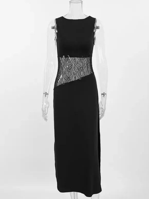 Party Dresses Black White Waist Lace Cutout Sleeveless Bodycon Midi Evening Dress