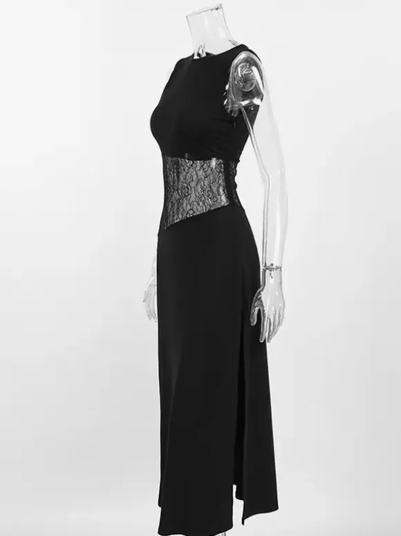 Party Dresses Black White Waist Lace Cutout Sleeveless Bodycon Midi Evening Dress
