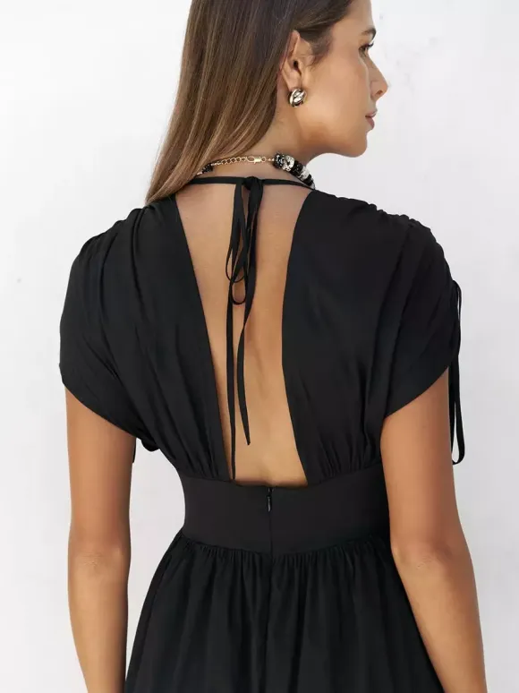 Party Dresses Deep V Drawstring Waist Open Back Maxi Dress Short Sleeve Flowy Vacation Gown