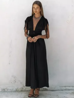 Party Dresses Deep V Drawstring Waist Open Back Maxi Dress Short Sleeve Flowy Vacation Gown