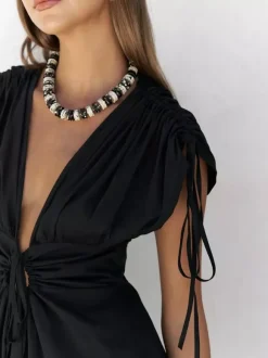 Party Dresses Deep V Drawstring Waist Open Back Maxi Dress Short Sleeve Flowy Vacation Gown