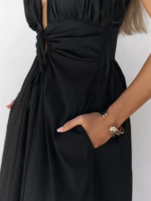 Party Dresses Deep V Drawstring Waist Open Back Maxi Dress Short Sleeve Flowy Vacation Gown