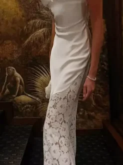 Party Dresses Deep V Lace Satin Spaghetti Strap Backless Mermaid Maxi Dress
