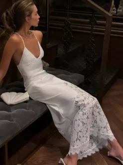 Party Dresses Deep V Lace Satin Spaghetti Strap Backless Mermaid Maxi Dress