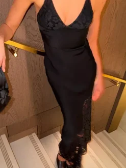 Party Dresses Deep V Lace Satin Spaghetti Strap Backless Mermaid Maxi Dress