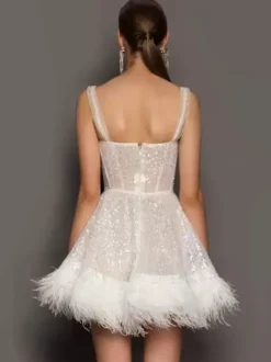 Party Dresses Ecru White Straps Neck Sequins Sleeveless Sheer Mini Dress