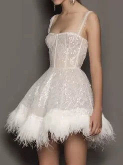 Party Dresses Ecru White Straps Neck Sequins Sleeveless Sheer Mini Dress