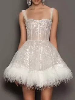 Party Dresses Ecru White Straps Neck Sequins Sleeveless Sheer Mini Dress