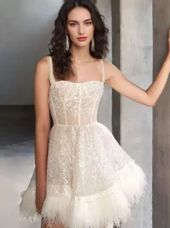 Party Dresses Ecru White Straps Neck Sequins Sleeveless Sheer Mini Dress
