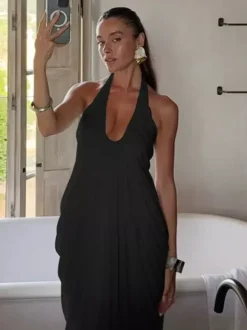 Party Dresses Halter Deep V Pleated Draped Maxi Dress Backless Flowy Evening Gown