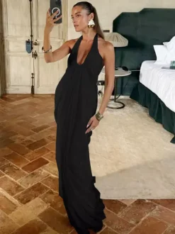 Party Dresses Halter Deep V Pleated Draped Maxi Dress Backless Flowy Evening Gown