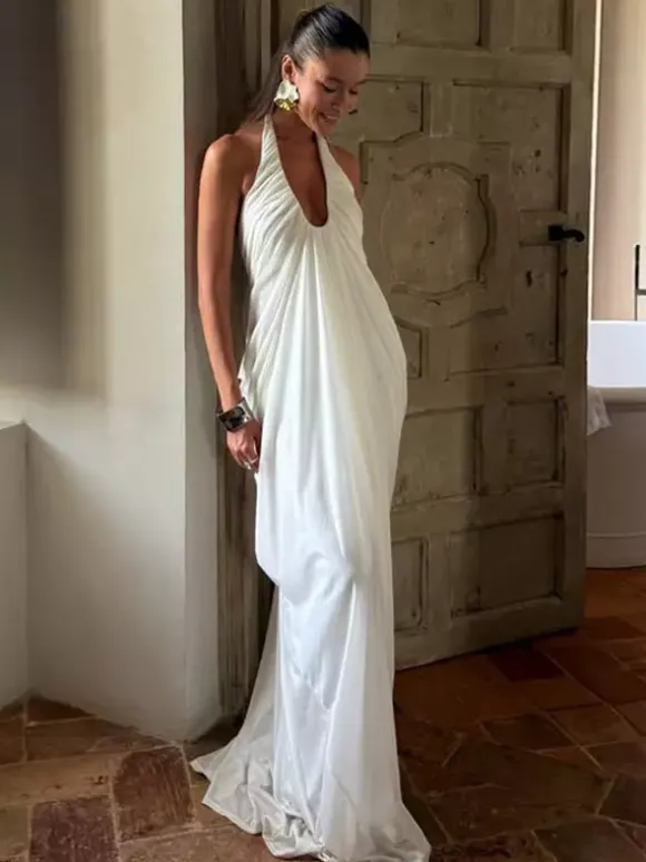 Party Dresses Halter Deep V Pleated Draped Maxi Dress Backless Flowy Evening Gown
