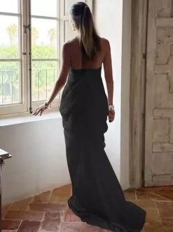 Party Dresses Halter Deep V Pleated Draped Maxi Dress Backless Flowy Evening Gown