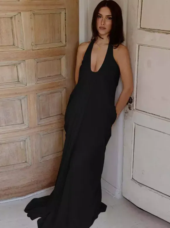 Party Dresses Halter Deep V Pleated Draped Maxi Dress Backless Flowy Evening Gown