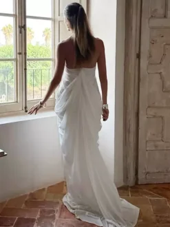 Party Dresses Halter Deep V Pleated Draped Maxi Dress Backless Flowy Evening Gown