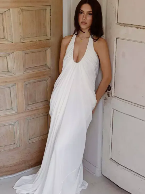 Party Dresses Halter Deep V Pleated Draped Maxi Dress Backless Flowy Evening Gown