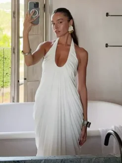 Party Dresses Halter Deep V Pleated Draped Maxi Dress Backless Flowy Evening Gown