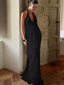 Party Dresses Halter Deep V Pleated Draped Maxi Dress Backless Flowy Evening Gown