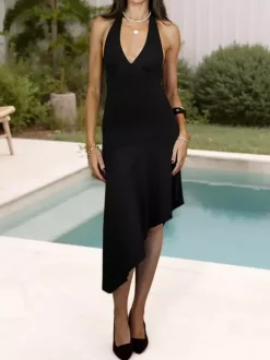 Party Dresses Halter V Neck Midi Dress Back Tie Asymmetric Ruffle Hem Slim Summer Party Dress