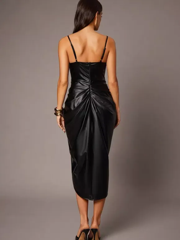 Party Dresses Midi Black Cowl Neck Pleated Sleeveless Semi Formal Bodycon Dress