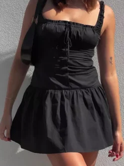 Party Dresses Mini White Straps Neck Lace Up Sleeveless Pleated Casual Semi Formal Dress
