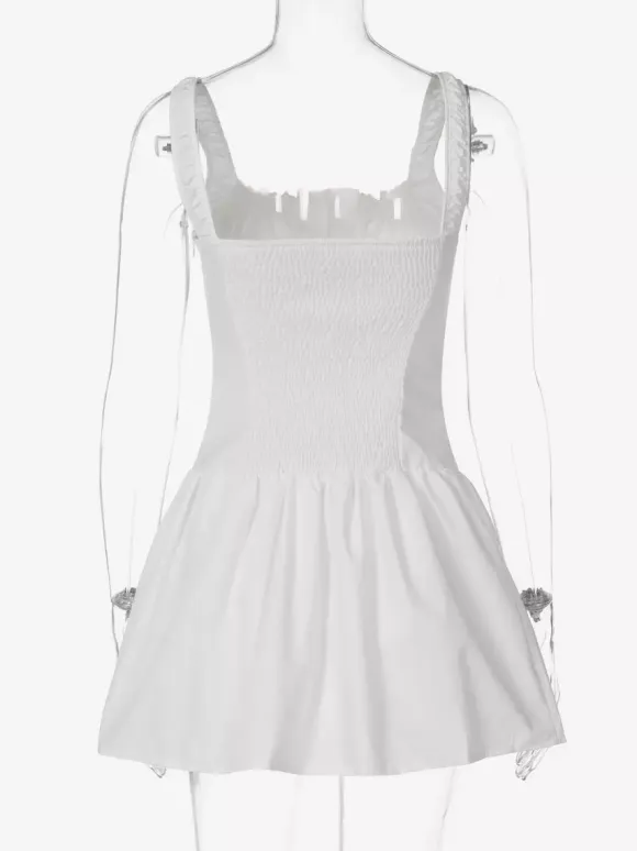 Party Dresses Mini White Straps Neck Lace Up Sleeveless Pleated Casual Semi Formal Dress