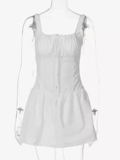 Party Dresses Mini White Straps Neck Lace Up Sleeveless Pleated Casual Semi Formal Dress