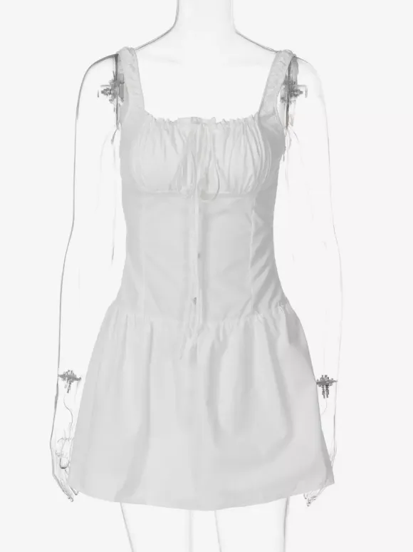 Party Dresses Mini White Straps Neck Lace Up Sleeveless Pleated Casual Semi Formal Dress