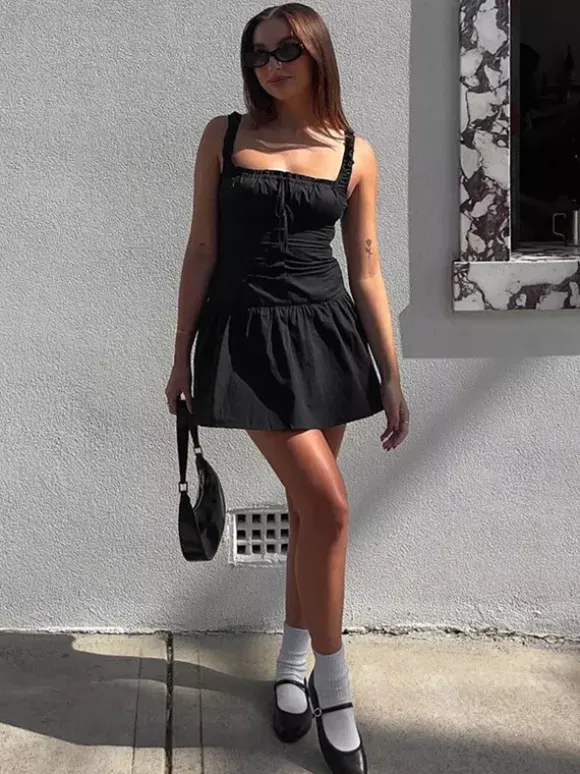 Party Dresses Mini White Straps Neck Lace Up Sleeveless Pleated Casual Semi Formal Dress