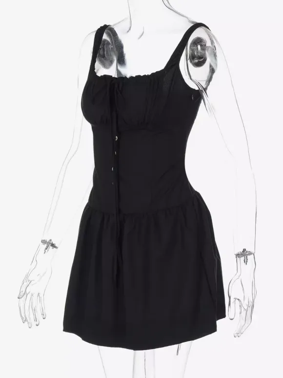 Party Dresses Mini White Straps Neck Lace Up Sleeveless Pleated Casual Semi Formal Dress