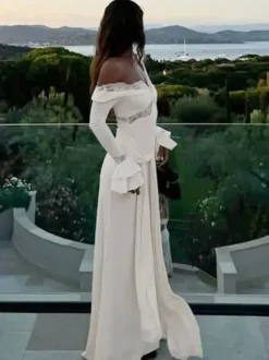 Party Dresses Off Shoulder Lace Trim Flare Sleeve Maxi Dress Deep V Bodycon Mermaid Gown