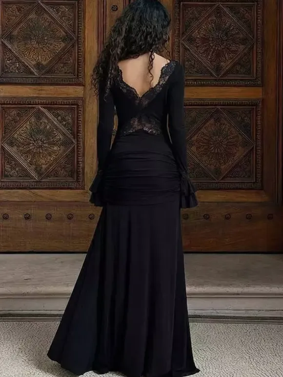 Party Dresses Off Shoulder Lace Trim Flare Sleeve Maxi Dress Deep V Bodycon Mermaid Gown