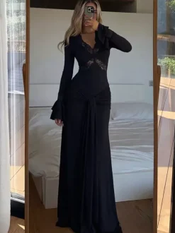 Party Dresses Off Shoulder Lace Trim Flare Sleeve Maxi Dress Deep V Bodycon Mermaid Gown