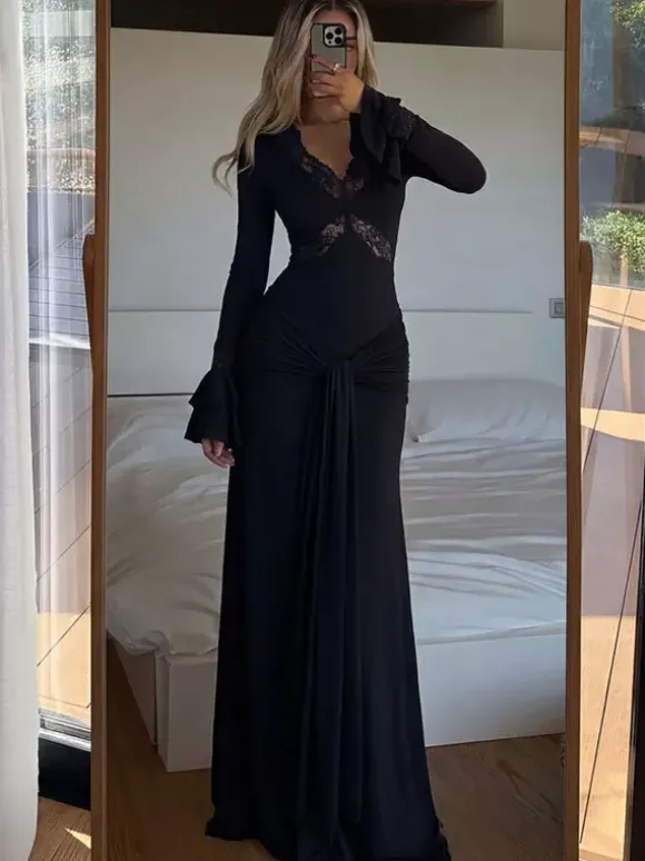 Party Dresses Off Shoulder Lace Trim Flare Sleeve Maxi Dress Deep V Bodycon Mermaid Gown
