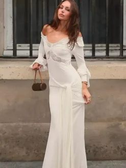 Party Dresses Off Shoulder Lace Trim Flare Sleeve Maxi Dress Deep V Bodycon Mermaid Gown