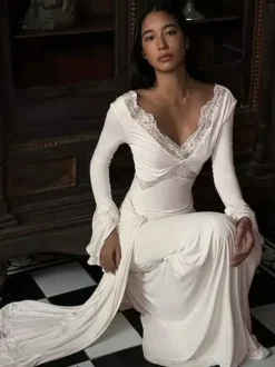 Party Dresses Off Shoulder Lace Trim Flare Sleeve Maxi Dress Deep V Bodycon Mermaid Gown