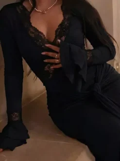 Party Dresses Off Shoulder Lace Trim Flare Sleeve Maxi Dress Deep V Bodycon Mermaid Gown