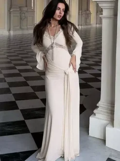 Party Dresses Off Shoulder Lace Trim Flare Sleeve Maxi Dress Deep V Bodycon Mermaid Gown