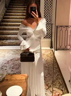Party Dresses Off Shoulder Lace Trim Flare Sleeve Maxi Dress Deep V Bodycon Mermaid Gown
