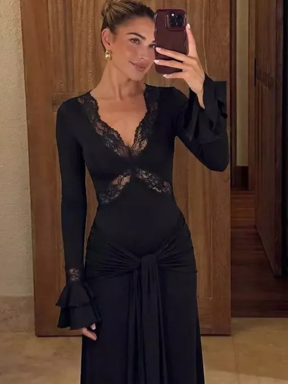 Party Dresses Off Shoulder Lace Trim Flare Sleeve Maxi Dress Deep V Bodycon Mermaid Gown
