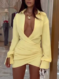 Party Dresses Surplice Wrap Shirt Mini Dress Long Sleeve Collar Ruched Slim Party Bodycon Dress