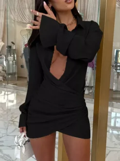 Party Dresses Surplice Wrap Shirt Mini Dress Long Sleeve Collar Ruched Slim Party Bodycon Dress