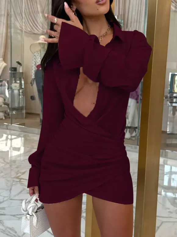 Party Dresses Surplice Wrap Shirt Mini Dress Long Sleeve Collar Ruched Slim Party Bodycon Dress