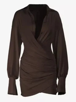 Party Dresses Surplice Wrap Shirt Mini Dress Long Sleeve Collar Ruched Slim Party Bodycon Dress