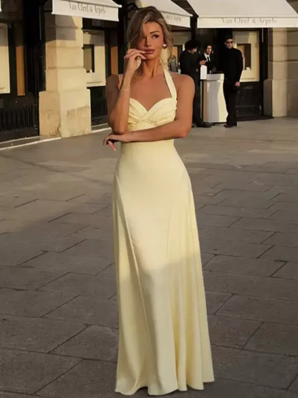Party Dresses Yellow Satin Spaghetti Strap Maxi Dress Sweetheart Bust Lace Up Back Flowy Gown