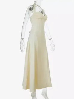Party Dresses Yellow Satin Spaghetti Strap Maxi Dress Sweetheart Bust Lace Up Back Flowy Gown