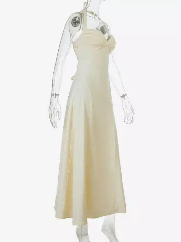 Party Dresses Yellow Satin Spaghetti Strap Maxi Dress Sweetheart Bust Lace Up Back Flowy Gown