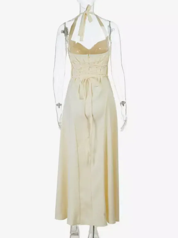 Party Dresses Yellow Satin Spaghetti Strap Maxi Dress Sweetheart Bust Lace Up Back Flowy Gown